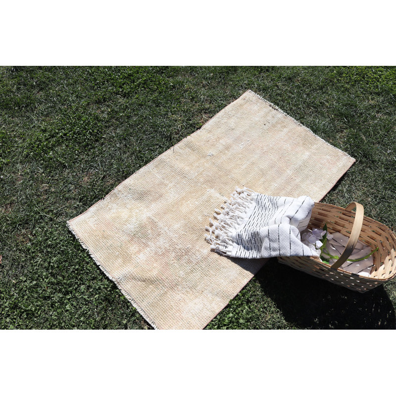 Vintage Turkish Oushak Wool Rug in Beige for Small Space Decor or Door Mat