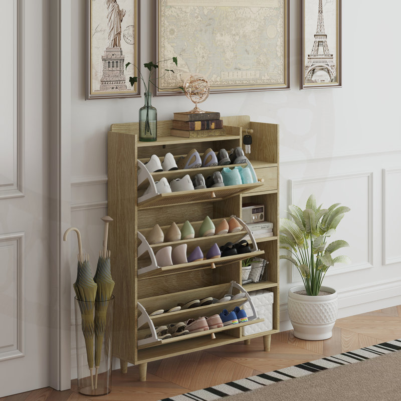 Natural Bohemia Style Shoe Cabinet with 3 Rattan Flip Drawers, 3 Cube Shelves, and 1 Storage Drawer for Hallway and Entryway