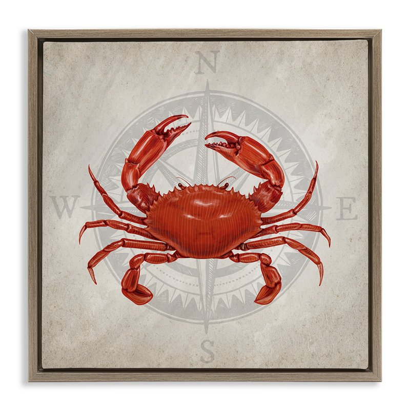 Art mural sur toile crabe sur boussole, design par Kim Allen, H 18 po x l 18 po, Cadre flottant orme Montalcino