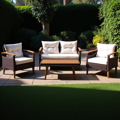  Mobilier de jardin 4 pièces, ensemble de sièges de patio, ensemble de canapé d'extérieur en rotin Pe, table et pieds en bois, brun et beige