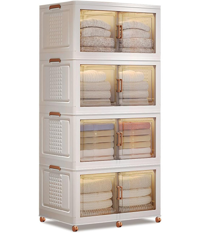 Bacs de rangement en plastique empilables, paquet de 4 boîtes de rangement pliantes 144QT avec portes et roues, organisateurs de garde-robe et boîtes de rangement ouvertes à l'avant