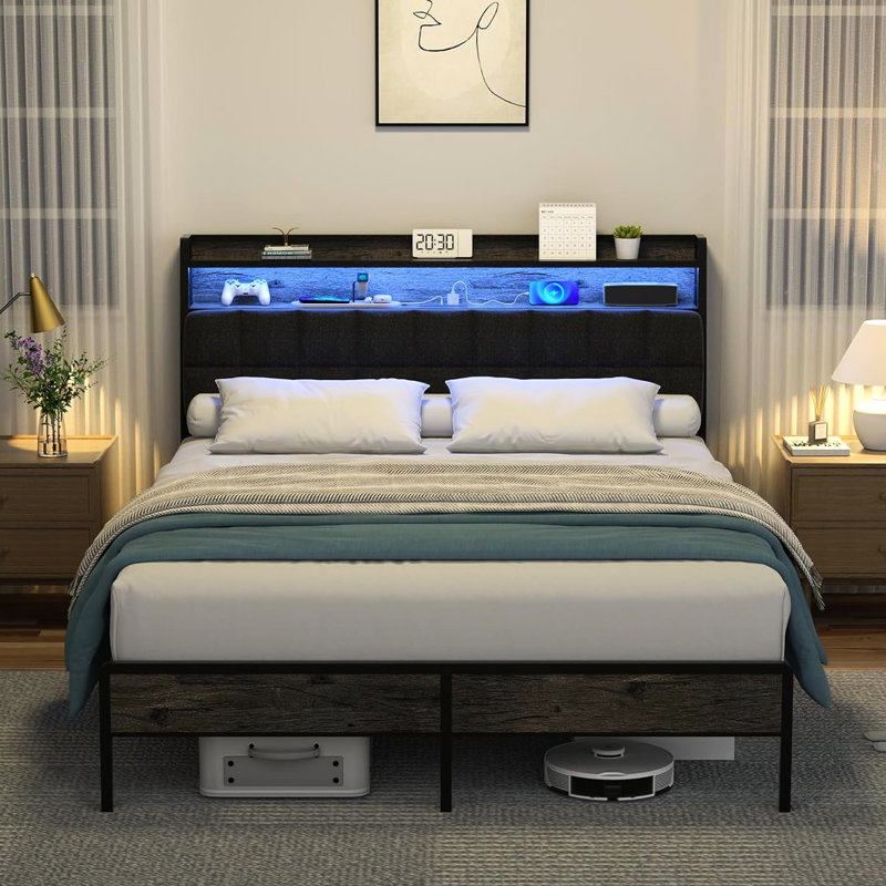 Structure de lit grand noir en métal avec dossier ergonomique - tête de lit, ensemble d'éclairage à DEL, baies de chargement et de rangement