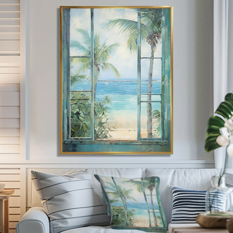 «Tropical beach Windows horizon I» - Impression sur toile côtières, H 32 po x l 16 po x P 1 po, Cadre flottant doré