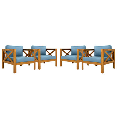 Fauteuil club d'extérieur en bois 4 pièces avec coussins en tissu imperméables bleus, finition idéale pour les terrasses en bois, idéal pour un patio