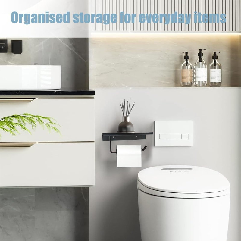 Porte-papier hygiénique auto-adhésif en aluminium noir - Distributeur mural de salle de bain et de cuisine peu encombrant avec compartiment de rangement antidérapant