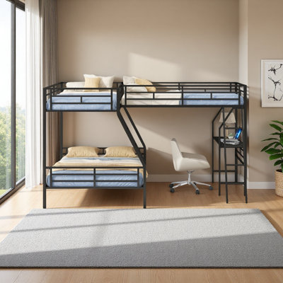 Twin Over Full Bunk Bed With A Twin Size Loft Bed Attached, With A Desk, Metal