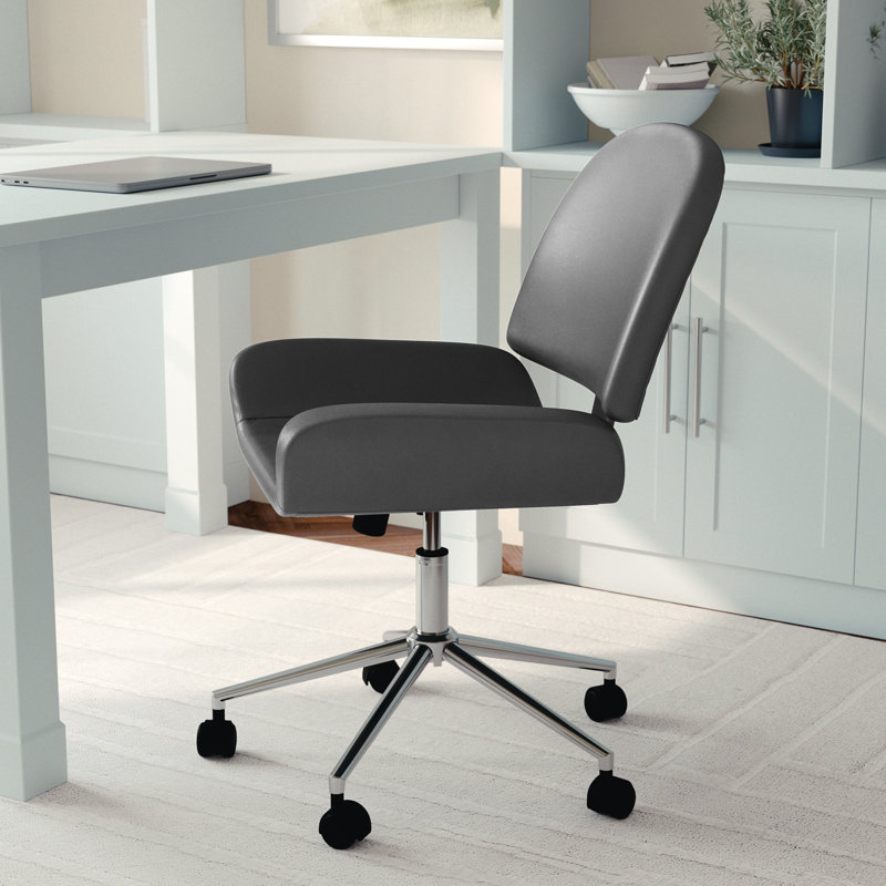 Gray Faux Leather Armless Swivel Office Chair with Polished Nickel Frame