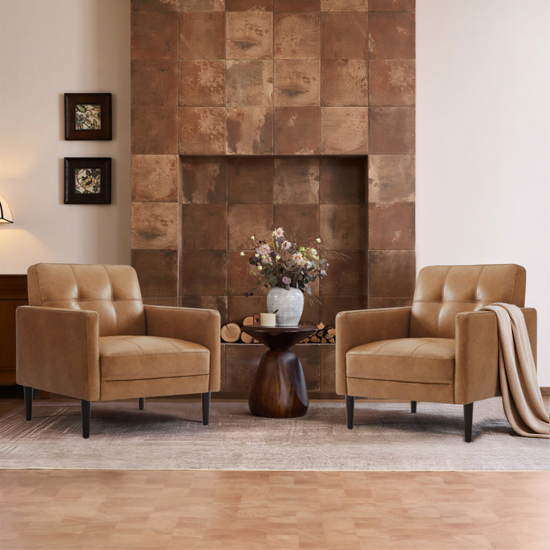 32.3"W Upholstered Tufted Accent Chair, Cognac Brown