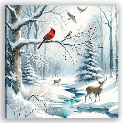 " Whispering Pines: Winter Wildlife and Cardinal Streamside " Print