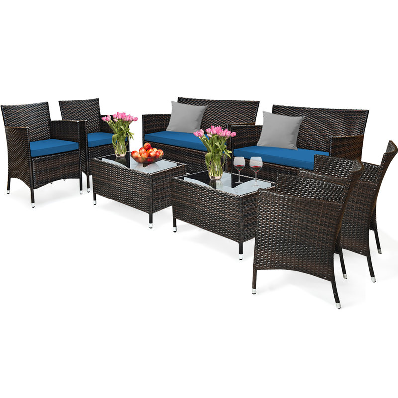 Ensemble de conversation d'extérieur en rotin 4 pièces Winston Porter avec coussin bleu paon, Marine
