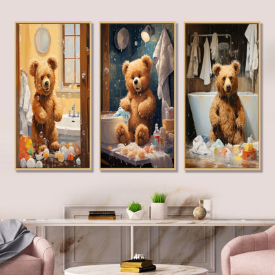 «Bathroom Bear Bear Bubbles I», ensemble de 3 toiles à linge