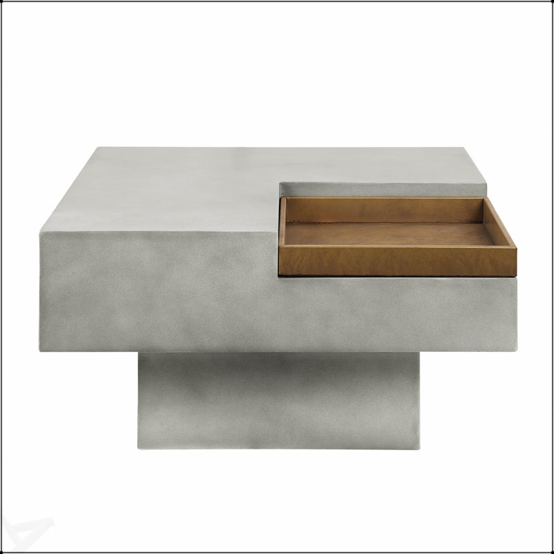 Table basse grise patinée avec plateau carré et base piédestal, parfaite pour les espaces de vie élégants et fonctionnels.