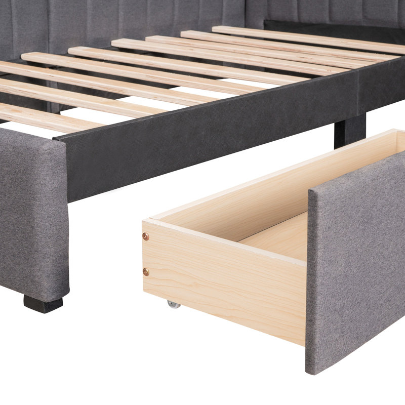 Lit tapissier gris en lin avec 2 tiroirs de rangement, Gris