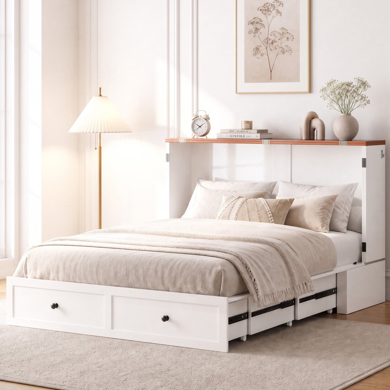 Grand lit escamotable avec station de charge et tiroirs, blanc, Grand lit