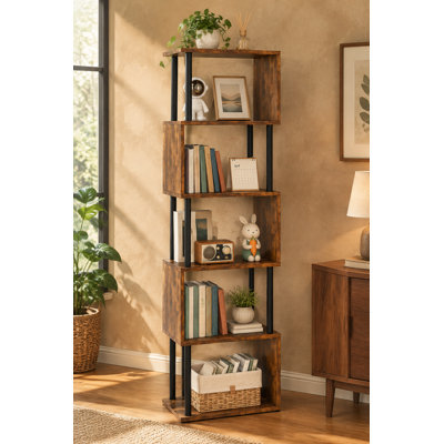Bibliothèque géométrique en bois brun à 6 niveaux en forme de S, étagères décoratives et de rangement de style industriel pour salon, chambre ou bureau à domicile
