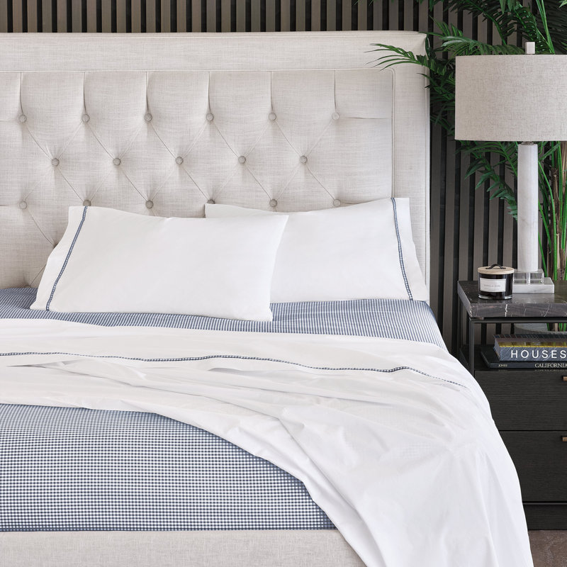 Malaya Egyptian Cotton Percale Gingham Sheet Set, Navy, California King