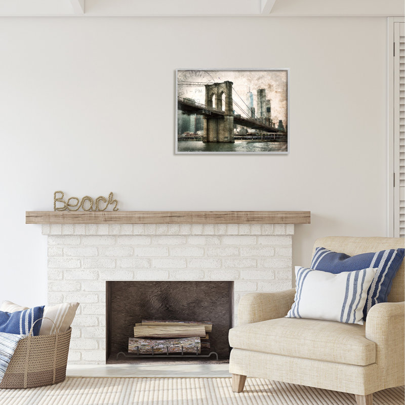 Bb-445-Vintage Brooklyn Bridge, encadré sur bois par Rhonda Addison, Estampe numérique Farmhouse