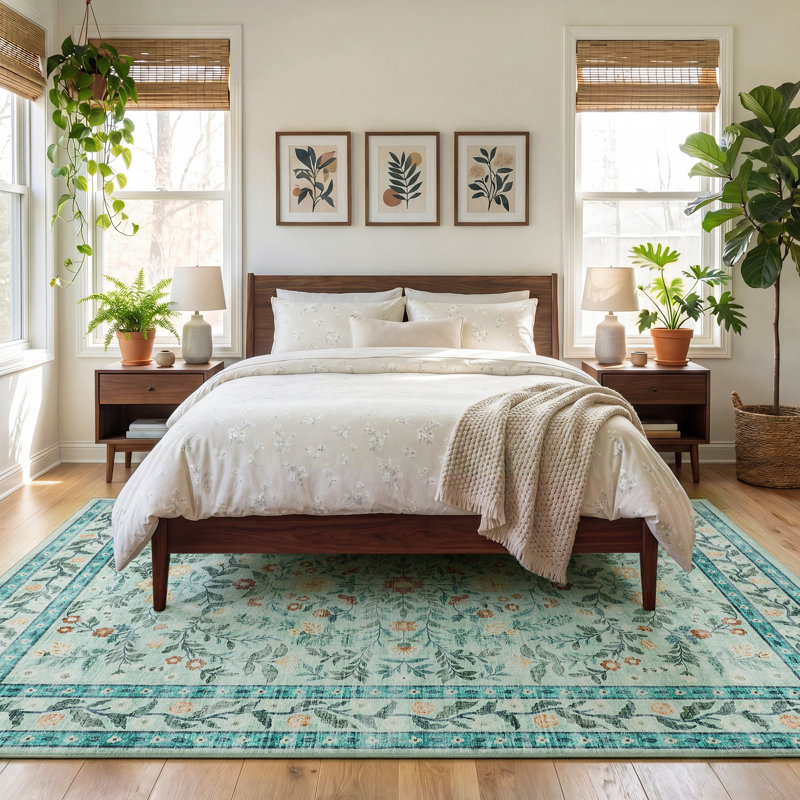8x10 ft Washable Botanical Area Rug for Living Room - Modern Foliage Leaf Print Carpet, Soft Velvet, Non-Slip TPR Backing, Machine Washable, Light Green