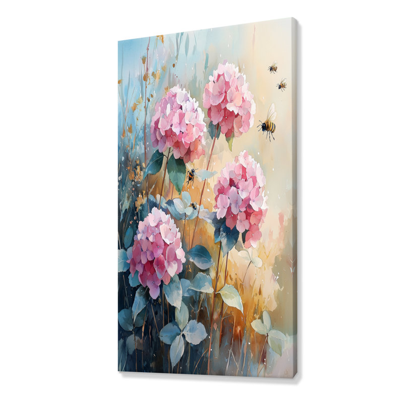 Hortensias dans le champ de trèfles II - décoration murale hortensias, H 60 po x l 28 po, Toile tendue, Ne s’applique pas