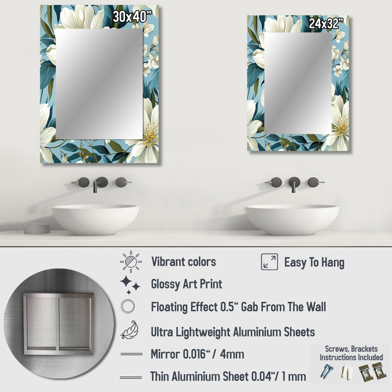 Alysta Blue Coastal Blossoms Floral Pattern - Floral Mirror, Floral Decorative Wall Mirror, Printed Metal Art, 32" x 24"