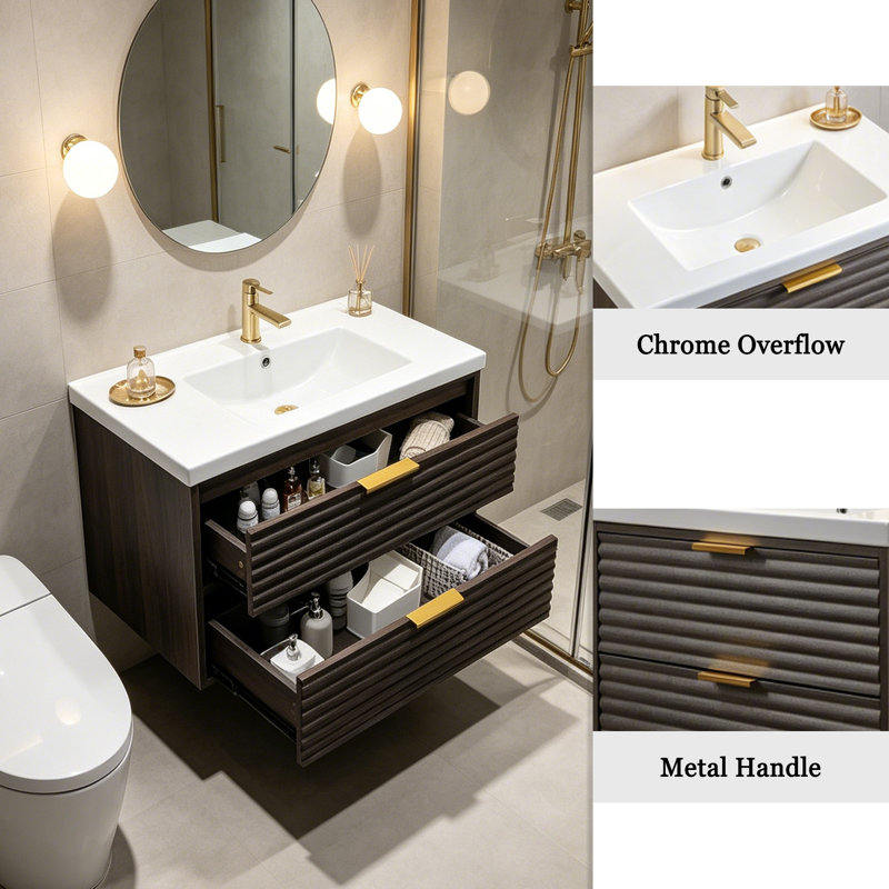 30" Brown Vintage Wall-Mounted Single Bathroom Vanity Set With 2 Drawers