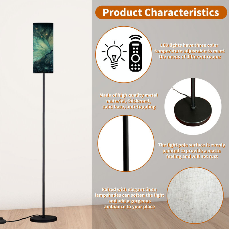PeeNoke 68.5" Standing Floor Lamp Turquoise Butterfly Fantasy Silver Mist Light Print Dimmable Metal Pole Lamp with Linen Lampshade LED Bulb Included