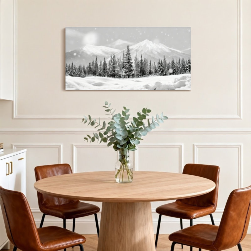 Paysage d'hiver avec paysage de montagnes enneigées et de pins, H 16 po x l 32 po