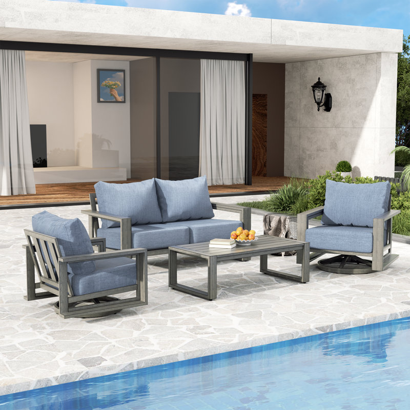 Adden 4-Piece Hand-Painted Aluminum Outdoor Conversation Set With Swivel Chairs, Loveseat, Blue Cushions And Coffee Table