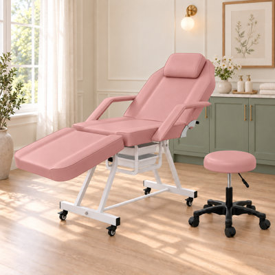 Ensemble de fauteuil inclinable réglable pour salon de tatouage et de soins du visage avec 2 plateaux - Rose/Manuel