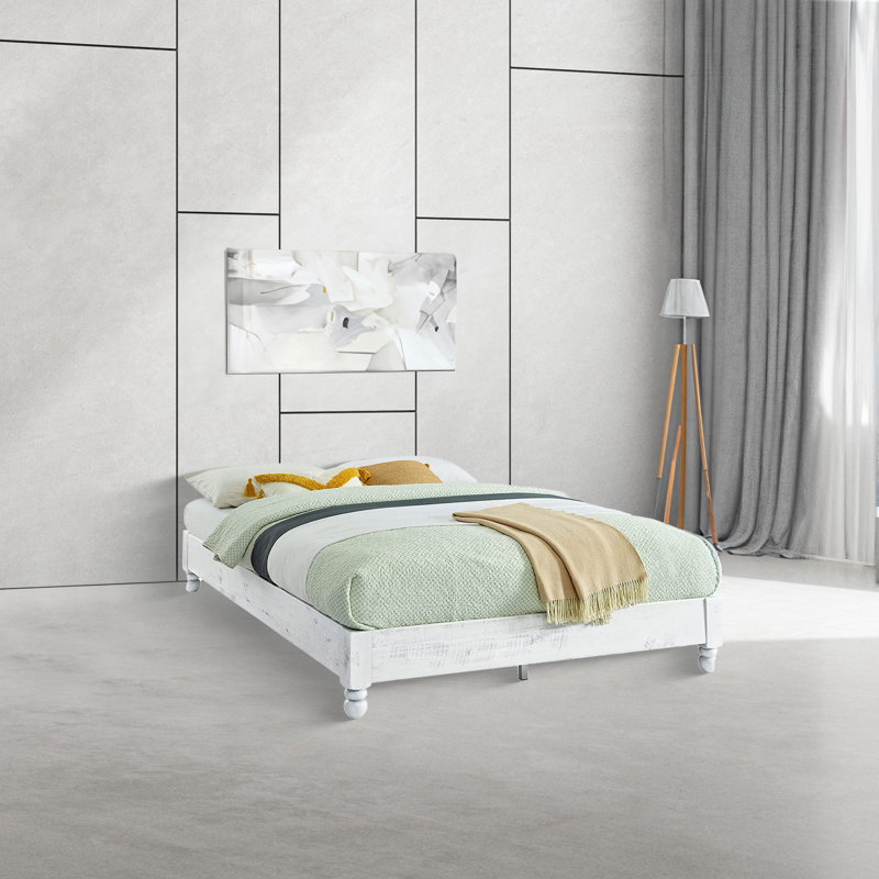 King-Sized Whitewashed Pine Wood Rustic Platform Bed with Upholstered Headboard