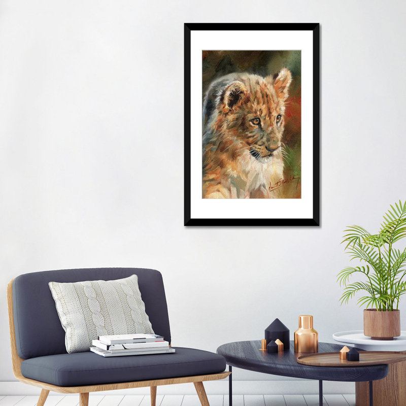 « lion cub », impression sur toile, H 24 po x l 16 po x P 1 po, Papier d'art encadré noir, Blanc