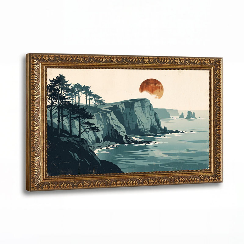 Art mural toile sarcelle, falaises côtières et soleil rouillé, 12"H x 18"W