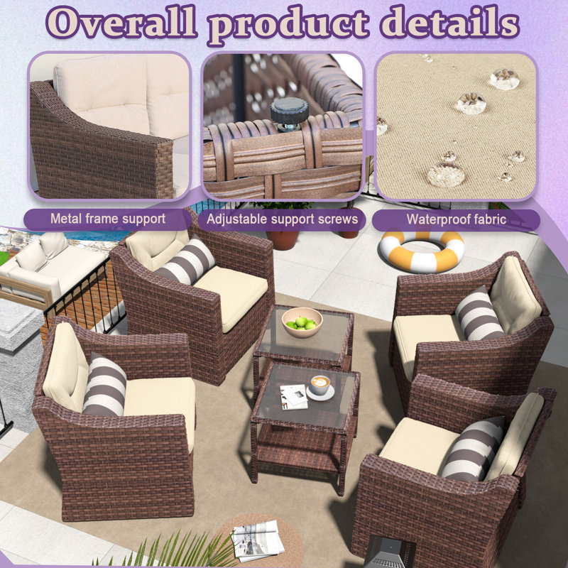 Outdoor Patio Furniture Set, 6 Piece Rattan Patio Sofa Set, Lounge Chairs With Ottomans, Coffee Table, Patio Couch Set, 6 PC