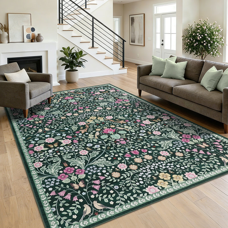 Vintage Floral Area Rug, Non-Slip Washable Low-Pile Botanical Print Stain Resistant Foldable Carpet for Living Room, Bedroom, Kitchen, Hallway