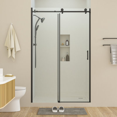 48'' W x 76'' H Shower Screen Enclosure, 8mm Clear Tempered Glass Shower Door with 304 Stainless Steel Round Tube Track, Reversible Fixed and Active Panels