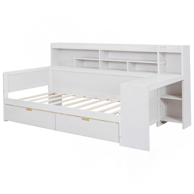 Wooden Twin Size Daybed with Storage Shelves, Multi-functional Bed with Two Storage Drawers, Antique White