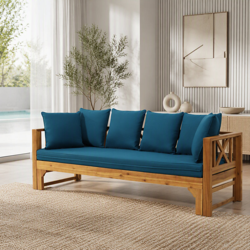 Canapé d'extérieur d'extérieur en bois d'acacia, Tissu bleu