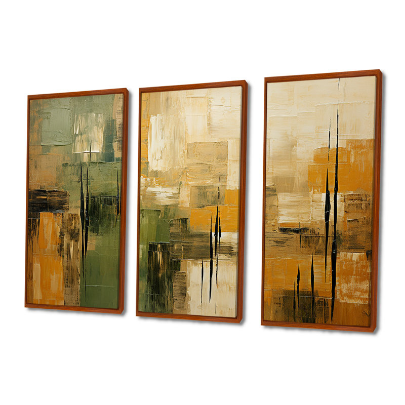 «Green Beige Wild Essence Collage I», art mural tachisme, H 28 po x l 36 po x P 1 po, Cadre flottant brun