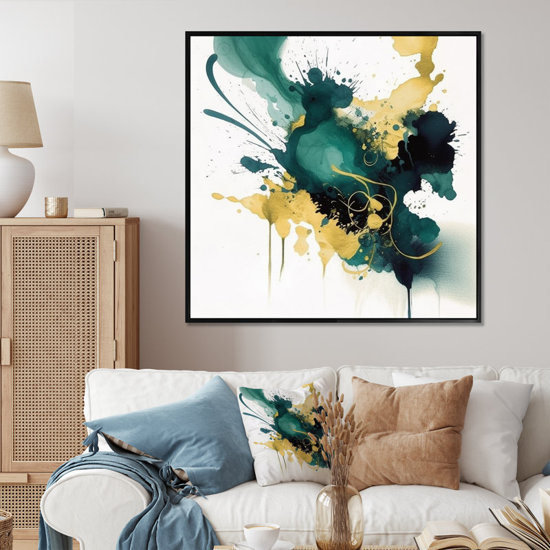 Bleu foncé, turquoise et or II, H 36 po x l 36 po x P 1,5 po, Cadre flottant noir