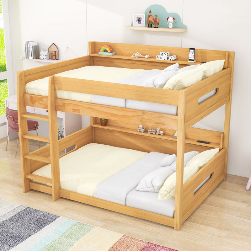 Lit superposé grand en bois avec tablettes et ports de charge USB, Bois