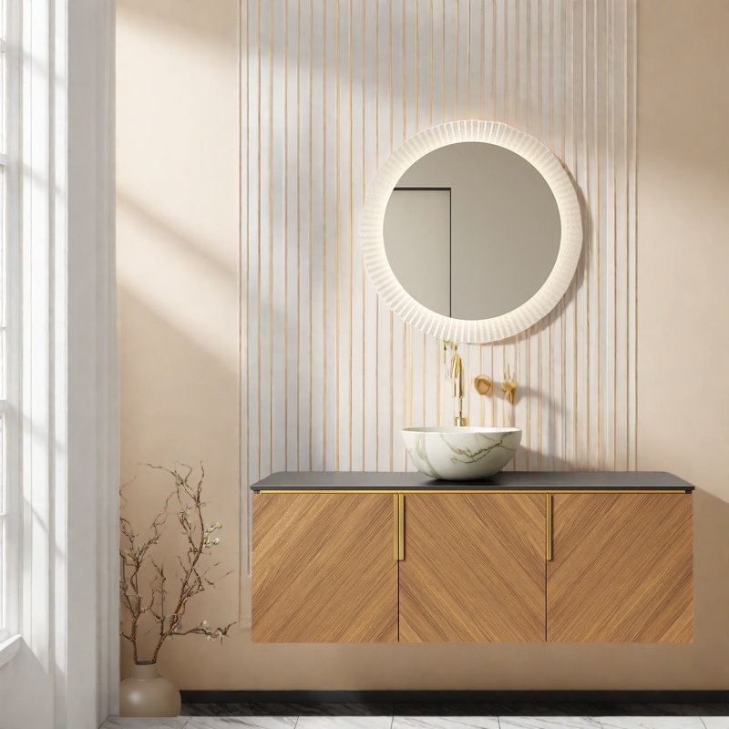 Lavabo de meuble-lavabo flottant Modern, pierre de marbre noir, finition chêne