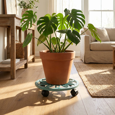 12'' Heavy Duty Caddy Plant Stand Cast Iron Plant Caddy with Locking Wheels, Patina