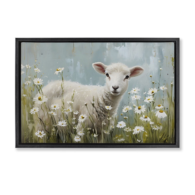 «Lamb parmi les marguerites» par Petal Prints Design, Cadre flottant noir de jais, H 17 po x l 25 po