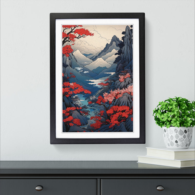 Japanese Mountains Art Nouveau - Framed Print, Black Framed, 46cm H x 34cm W x 2cm D