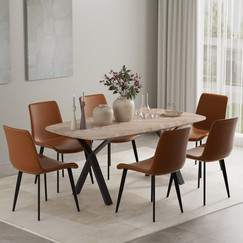 Modern Rectangular MDF Dining Table Set, Brown, 7 Pieces: Table, 6 Chairs, 29.92" H x 71" W x 35.43" D