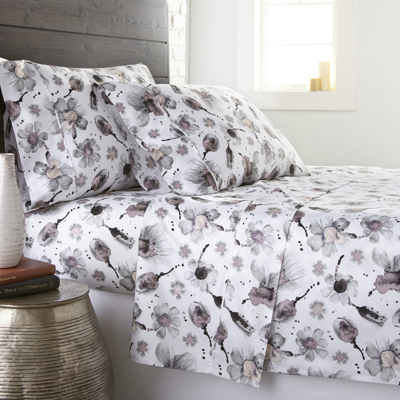 Grand Symphony 300 Thread Count Floral 100% Cotton Sateen Sheet Set, Full, Gray Blush