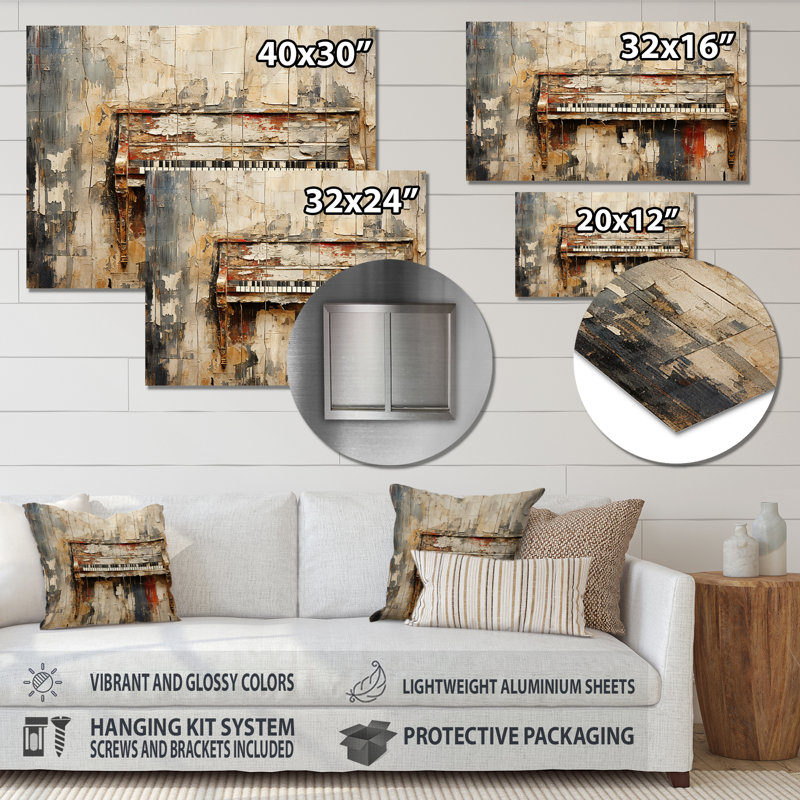 Rustic Brown Piano Melody I - Piano, art mural en métal, H 12 po x l 20 po x P 1 po