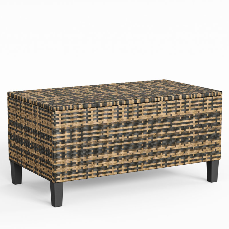 Coffre de rangement extérieur en osier avec plateau relevable, coffre de rangement pour terrasse de piscine résistant aux intempéries