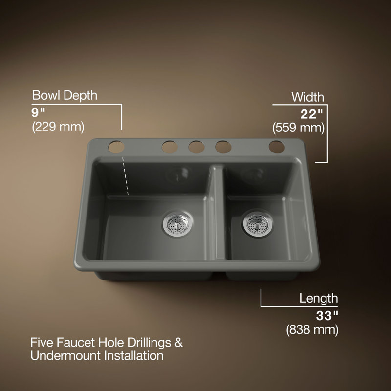 Riverby 33 In. Undermount Double-Bowl Kitchen Sink, Thunder Grey