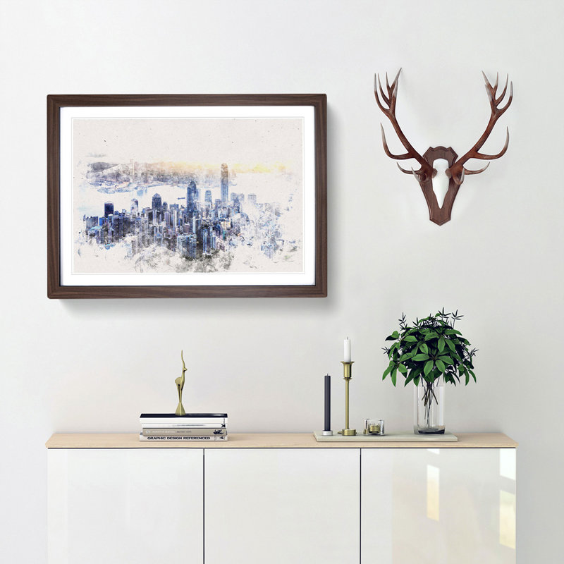 Hong Kong Skyline in China - Picture Frame Painting Print, 36cm H x 48cm W x 2cm D, Walnut Framed